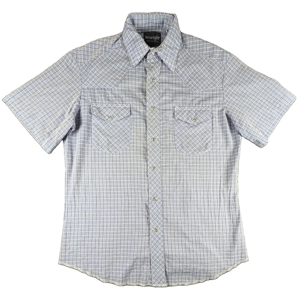 Wrangler Shirt Mens Medium Blue Check Short Sleeve Pearl Snap Western Casual